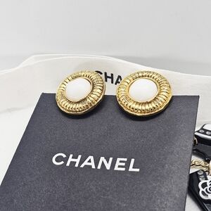 CHANEL Gold Tone and White Glass Earrings